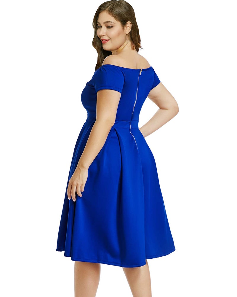 LALAGEN Women's Plus Size Vintage 1950s Party Cocktail Wedding Swing Midi Dress Blue XXXL - Image 2